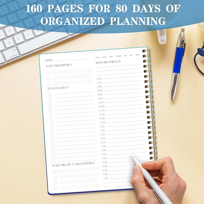 Undated Daily Planner Notebook, 80-Day To Do List Organizer with Hourly Schedule, Day on a Page Agenda Journal for Work, Life Tasks, Women and Men