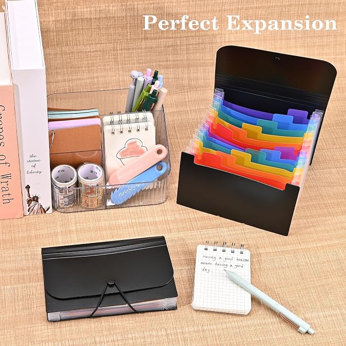 2Pcs Receipt Coupon Holder Organizer, 13 Pockets Small Accordian File Organizer, Expanding File Folder with Colorful Tabs, A6 Size for Cards, Check, Tickets, Monthly Bills Storage (Black)