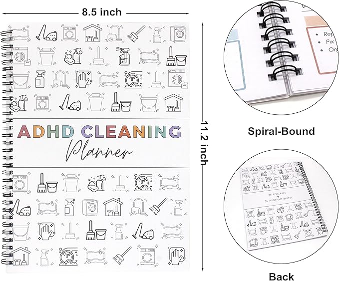 Sonjade ADHD Cleaning Planner, Tidy Minds Daily Weekly Monthly Household Family Planning Task Organizer Book Calendar, Spiral Bound Clean Schedule and Checklist Notebook Journal with Visual Icons, 8.5 x 11.2 Inch, White
