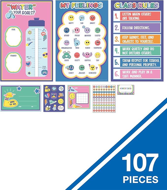Carson Dellosa We Stick Together 107PC School Supplies, Incentives, Behavior Charts, Stickers, Punch Cards, Dry Erase Goal Tracker, Calming Corner Items Kids Poster, Motivational Classroom Must Haves
