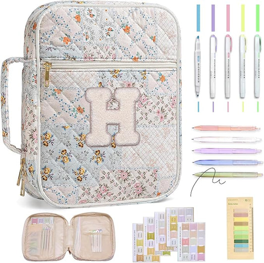 Personalized Initial Bible Cover Case for Women – Large Quilted Bible Bag with Handle, Chenille Letter, Bible Study Kit, Christian Gift for Mom, Grandma & Daughter (Patchwork Floral-H)