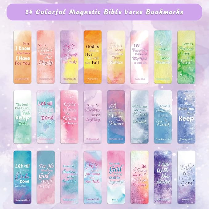 WSICSE 48 Pcs Bible Verse Magnetic Bookmarks, 24 Christian Scripture Double Sided Book Marks for Reading Women Students Teachers School Church Office Gifts