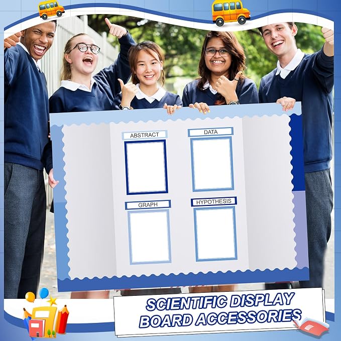 Fuyoooo 90 Pcs Science Fair Board Supplies 60 Trim Scalloped Bulletin Board Borders 24 Presentation Board Subtitles 6 Science Fair Titles for Classroom Display Boards (Blue Boho)
