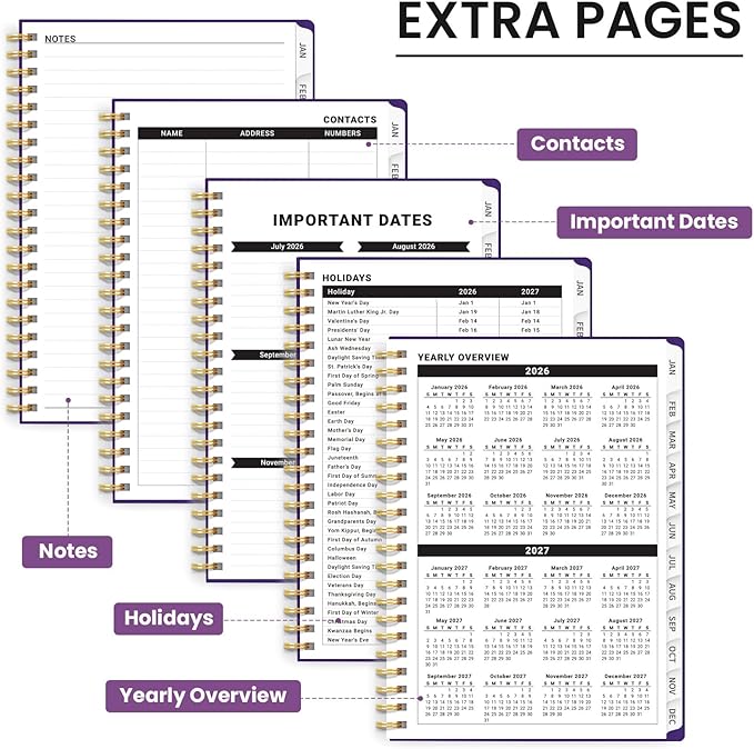 2026 Planner, Weekly and Monthly Planner for Women, Jan 2026 - Dec 2026 Pretty 2026 Calendar Planner with Monthly Tabs, Inner Pocket, Spiral Binding, Perfect for Office Home School - 8.5" x 11", Purple Blocks