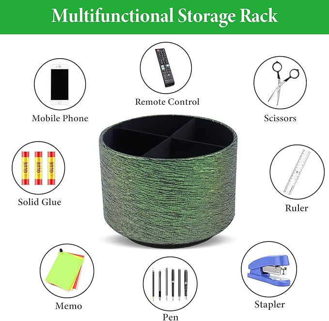 Round Leather Art Supply Organizer,Remote Control Holder,360-degree Rotating Pen Organizer with 4 Compartments(1-Light Tree Green)