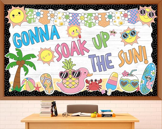 Summer Bulletin Board Set Summer Beach Classroom Decoration Hawaiian Tropical Sun Beach Bulletin Board Composition Paper Cutouts for Classroom Back to School Office Chalkboard Wall Decor