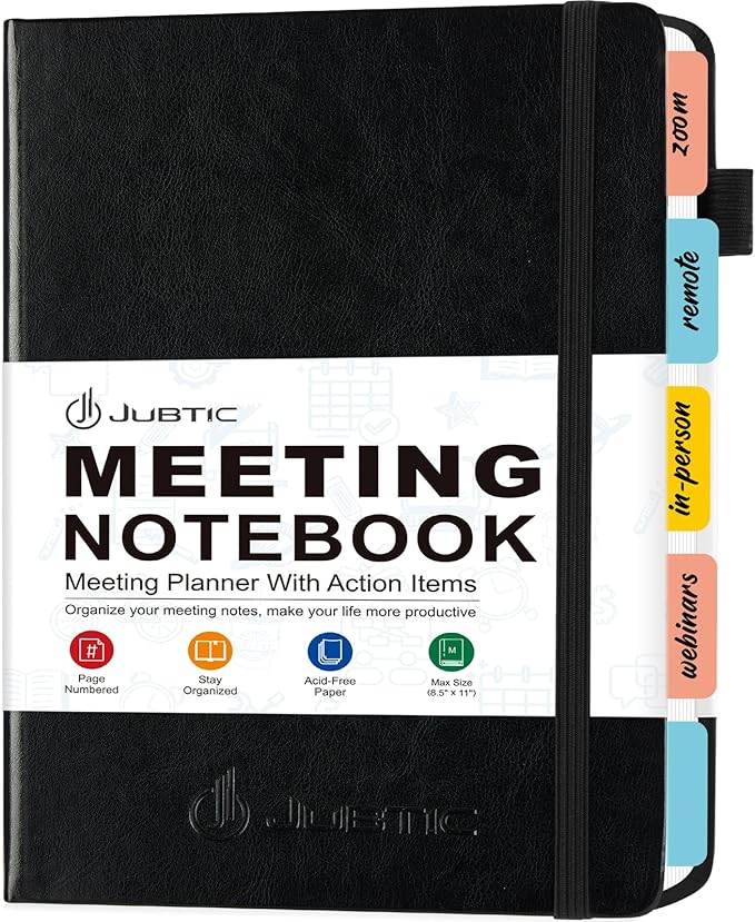 JUBTIC Meeting Notebook for Work with Action Items, Project Planner Work Planner for Office & Business Taking Notes, Agenda Organizer Supplies for Men & Women,160 Pages (8.5”x11”) - Black