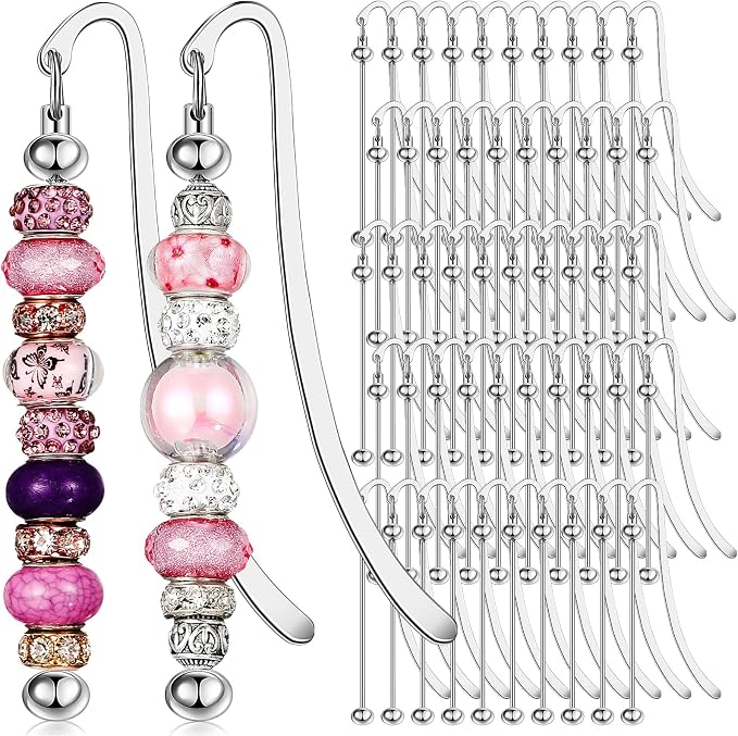 Dunzoom 50 Pcs Beadable Bookmarks DIY Metal Blank Bar Bookmark for Beads Modern Bead Craft Jewelry Pendant Charm Gift for Book Lovers Student Teacher Office Supplies(Silver)