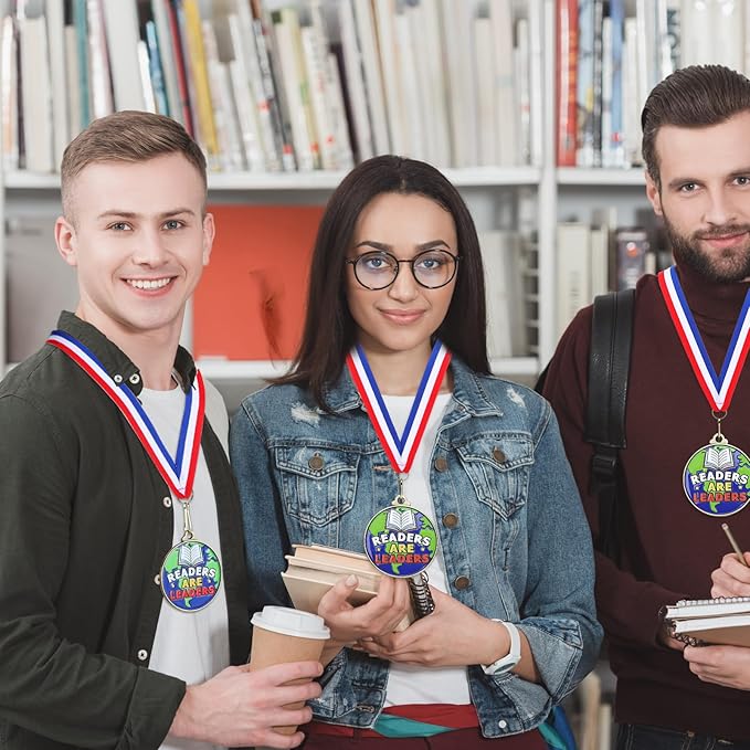 Cunno 20 Pcs Readers are Leaders Medals Bulk 2'' Reading Award Medals with Neck Ribbon Trophy Prizes Winner Gift for School Classroom Students Teaching Competitions Supplies