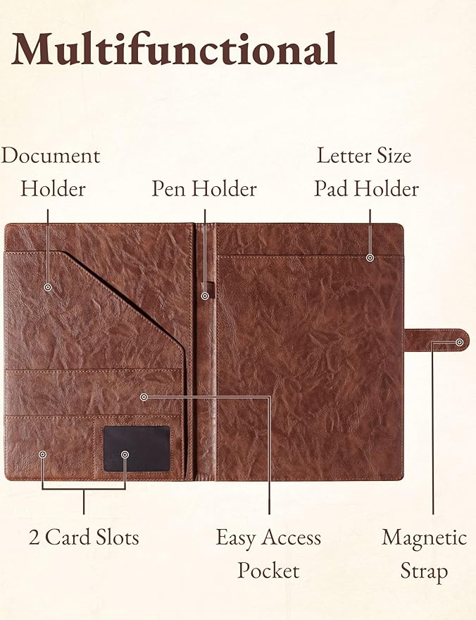 Mymazn Padfolio Portfolio Folder, Faux Leather Interview Resume Folder with Document Organizer & Business Card Holder, Letter-Sized Notepad Legal Pad Holder for Men Women (Brown)