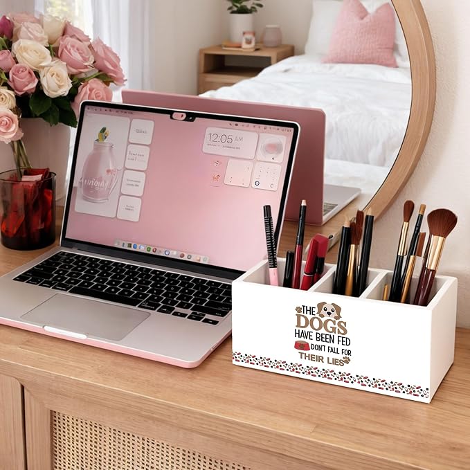 3-Compartment Desk Organizer for Pens, Pencils, Scissors & Ruler, Dog-Themed Wooden Pencil Holder, Cute Dog Quote Storage Box for Kids, Home & Office