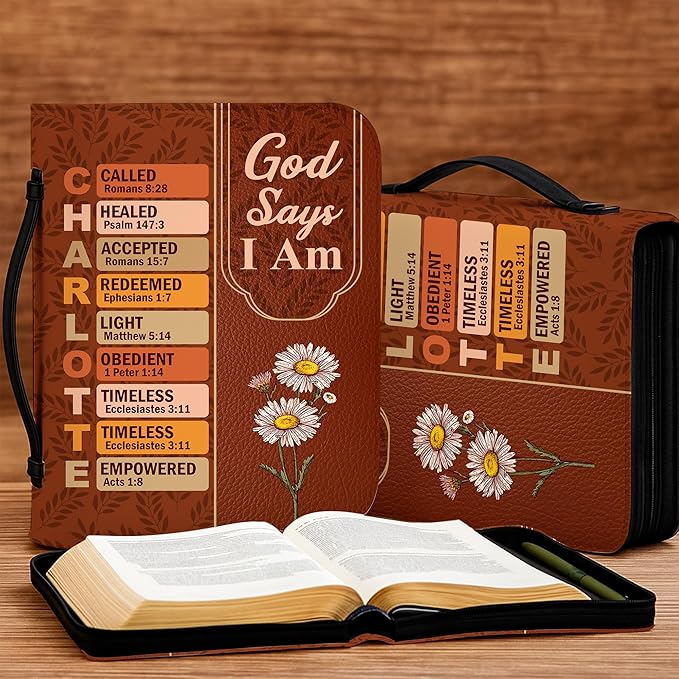 Personalized Man of God Bible Cover, God Says I Am Bible Case PU Leather, Bible Holder Handle Zipper, Faith Scripture with Name Case Bag, Religious Gifts for Church Christians Women Men (GOD-06)