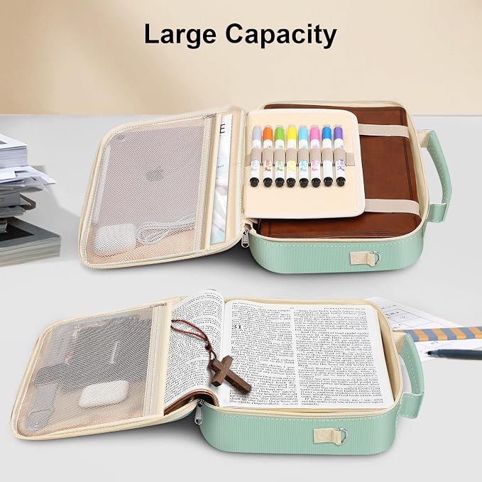FINPAC Large Bible Cover w/Shoulder Strap, Carrying Book Case Church Bag Bible Protective w/Pen Slots and Zippered Pocket, Gift for Women Lady, Light Green