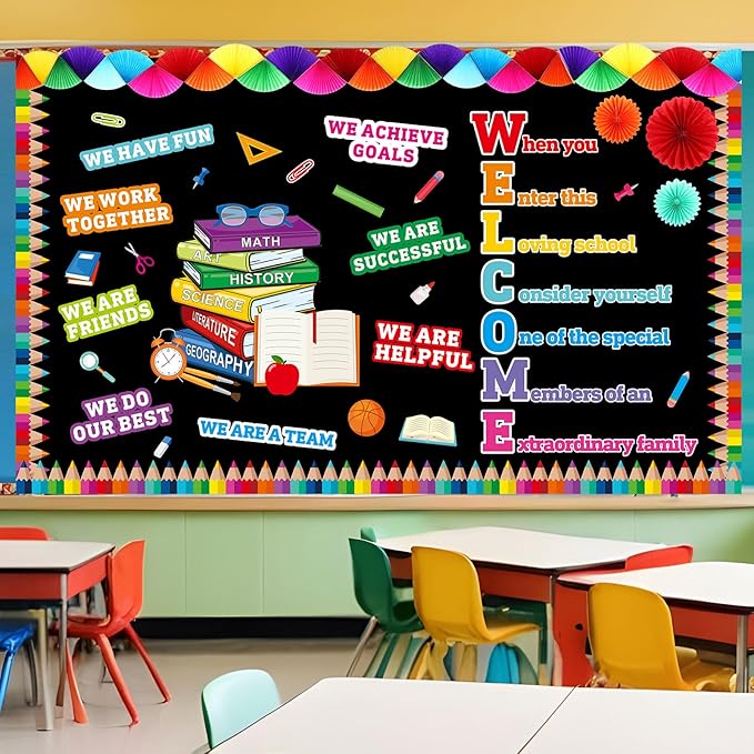 Pajean Welcome Bulletin Board Set Classroom Affirmation Station Bulletin Board Motivational Cutouts Colorful Paper Fans Pencil Border Trims for Back to School Chalkboard Wall Decor (Colorful)