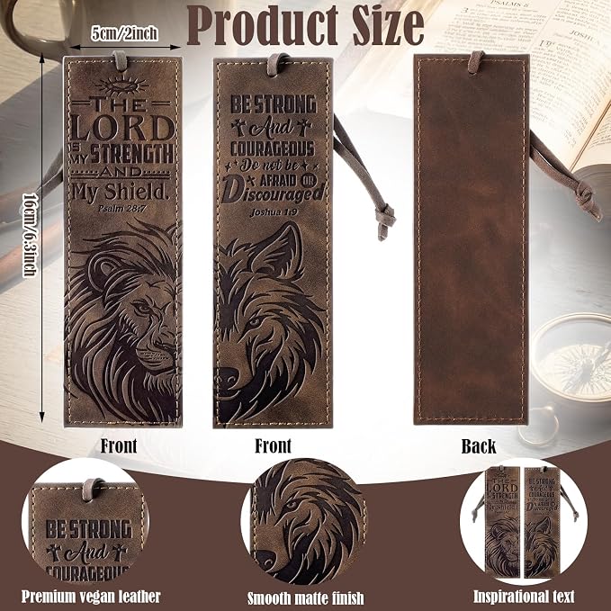 Tinlade 2 Pcs Wolf Lion Leather Bible Bookmark Christian Bookmarks Gifts for Men with Psalm the Lord is My Strength Inspirational Bible Leather Book Marks for Reading Men Religious Father's Day Gifts