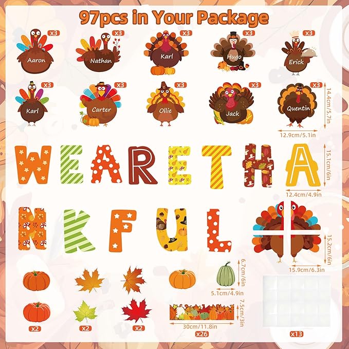 YUUIKLLE 97pcs Thanksgiving Turkey Bulletin Board Decoration Set Fall Turkey Pumpkin Maple Leaf Autumn Harvest Bulletin Board Cutouts,for Home Office School Chalkboard Wall Door Decor