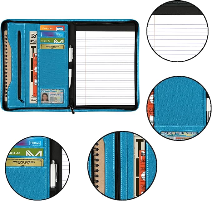 Zippered Portfolio Organizer/ A4 Refillable Lined Writing Notepad Folder Case/Fabric-Covered Padfolio Binder with Interior Storage Pocket for Men Women.Blue