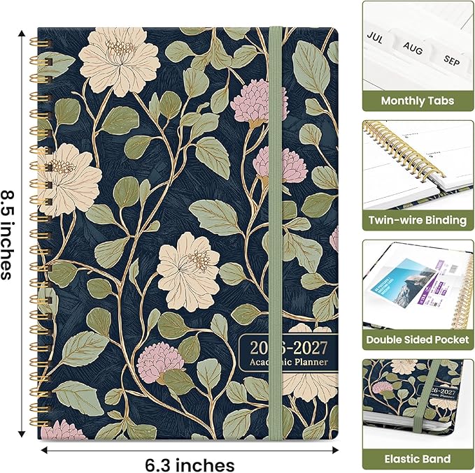 Planner 2026-2027, Academic Year Weekly and Monthly Calender Planner, from Jul 2026 - Jun 2027, Spiral Bound School Planning Book, Perfect for Teacher, Student, Women & Men, A5 (6.3" x 8.5"), Blush Vines
