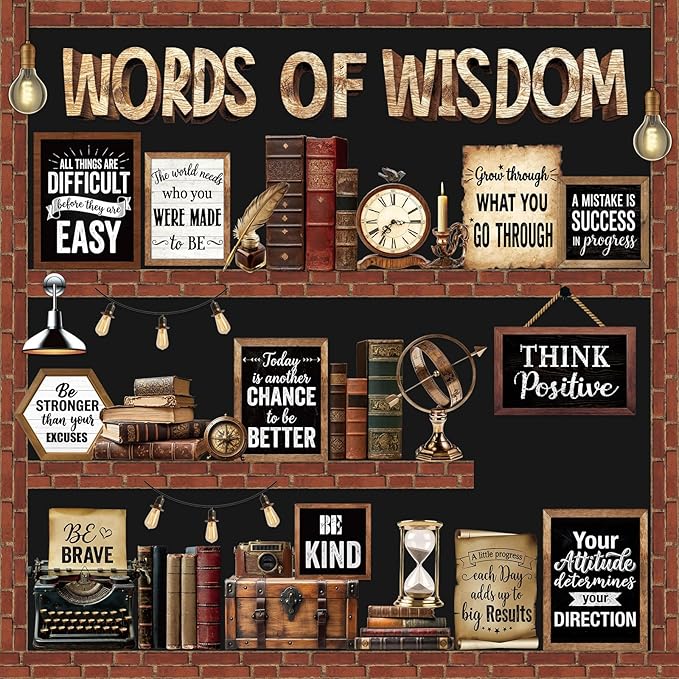 Mooliwe 57 Pcs Industrial Chic Bulletin Board Set Inspirational Rustic Classroom Decoration Farmhouse Bulb Typewriter Brick Cutout for School Office Chalkboard Door Wall Decor