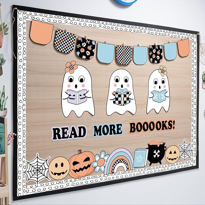 Halloween Bulletin Board Decorations Set, Boho Halloween Ghost Classroom Decor with Cute Ghost Paper Cutouts Border Trims for Back to School Teacher Nursery Classroom Wall Door Decor