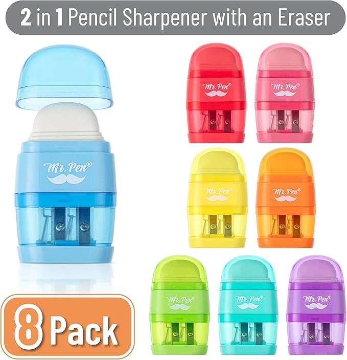 Mr. Pen- Pencil Sharpener & Eraser, 4 Pack, 2-in-1 Manual Sharpeners with Canister, 2 Sharpening Holes for Standard & Jumbo Pencils, Colorful Dual Hole Design for School, Office, Home, Kids