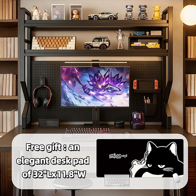 Desktop Hutch Bookshelf,Many Gifts,Metal Desktop Bookcase with pegboard, Desk Shelf Black, Countertop Storage Organizer Rack for Dorm or Office,Desktop Shelves(Black, 45.3" Lx9.9 Wx39 H)