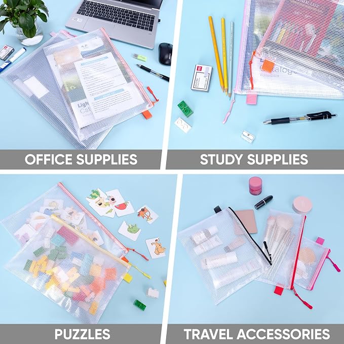 BALEINE 10PK Mesh Zipper Pouch Bags, Waterproof Clear Zipper Bags, Multiple Colors Plastic Mesh Bag File Bag for Organization, Suitable for Office Supplies, Home, Travel (10 PK, Letter Size)