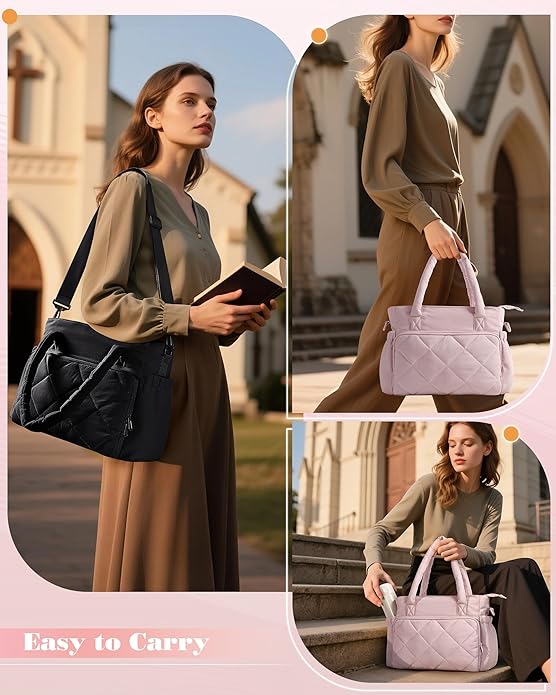 Marscamd Puffer Bible Bag with Crossbody Strap and Water Bottle Pockets, Quilted Bible Tote Church Bag for Women
