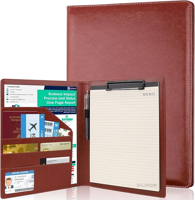 Clipboard Padfolio with Storage Pocket, Clipboard Folder Portfolio Organizer,360 Degree Foldable Clipboards with Refillable Notepad,Faux Leather Padfolio Organizer for Office School Supplies-Red Brown