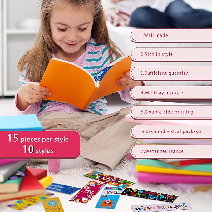 Tenare 150 Pieces Happy Birthday Bookmarks Laminated Imaginative Colors and Patterns for Students Classroom Stationery Supplies