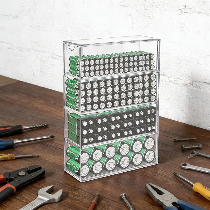 1 Pack Clear Acrylic Battery Storage Organizer for AA, AAA, C, 9V Batteries, 4-Drawer Battery Organizer for Common Types Batteries(Batteries Not Included)