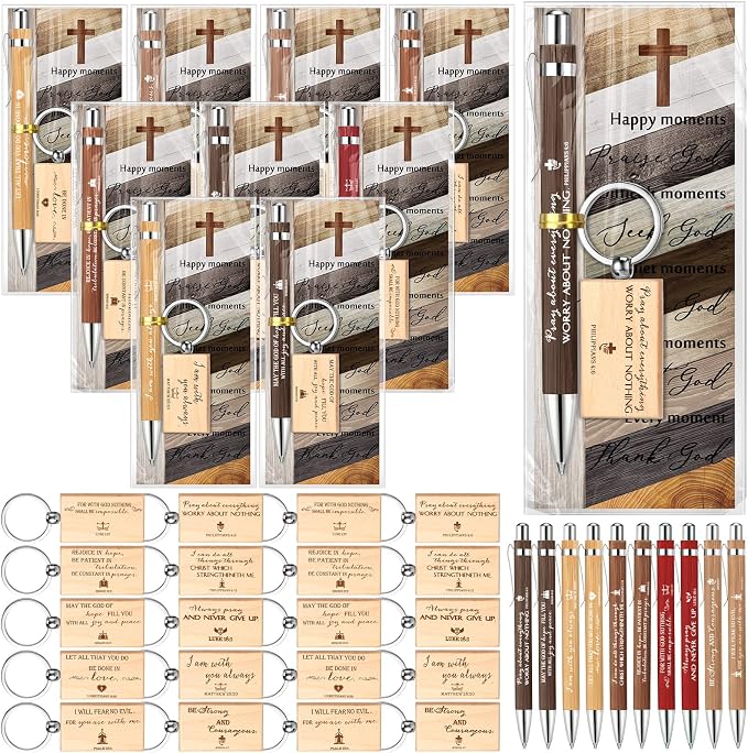 Spakon 120 Pcs Fathers Day Church Gifts Bulk, 40 Bible Verse Bamboo Pens 40 Church Keychains 40 Cross Bookmarks and Bags for Religious Sunday School Christian Party