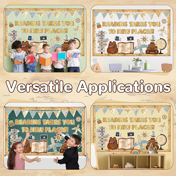 Travel The Map Reading Class Bulletin Board Set Adventure Classroom Decoration Back to School Reading Takes You to New Places Paper Cutouts for School Nursery Chalkboard Wall Door Decor Party Supplies