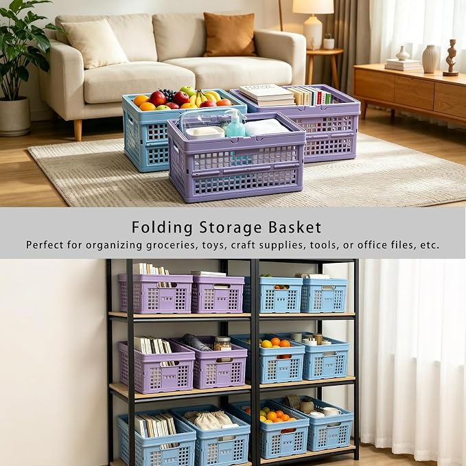 Collapsible Storage Crate with Lid, Folding Crates Bins, Stackable Plastic Storage Baskets with Handle for Home Organization, Office, Picnic, Camping, Groceries, Car Trunk(13.6x9.6x7.28 Inch, Purple)