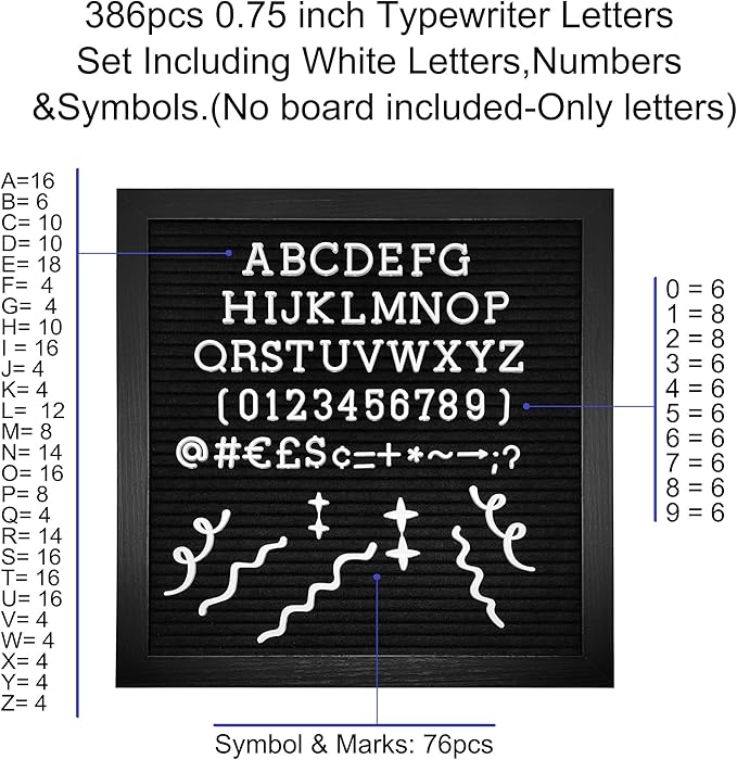 Felt Letter Board Letters Set - Pre-cut 0.75inch White Typewriter Letters 386pcs with Canvas Bag (No Board Included)