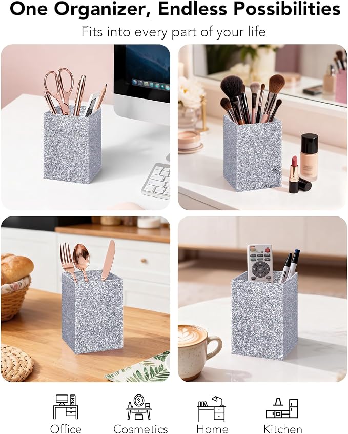 Siler Glitter Acrylic Pen Holder, Acrylic Makeup Brush Storage Organizer, Pencil Pen Holder for Desk, Modern Desktop Accessories for Office School Home Supplies