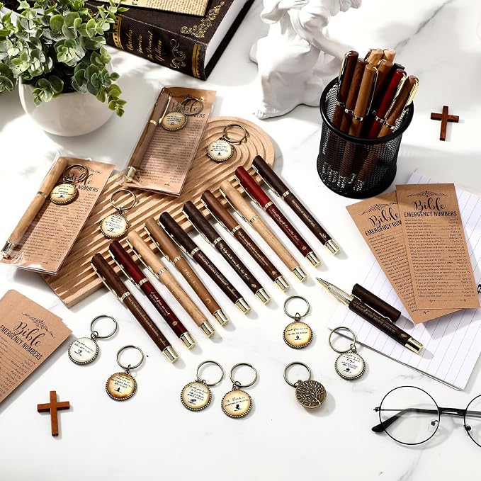 Feifeiya 75 Pcs Father's Day Christian Gifts Bulk 25 Bible Verse Pens 25 Religious Keychains 25 Emergency Number Bookmark Christian Church Gifts for Men Pastor Sunday School Church VBS(Brown,Stylish)