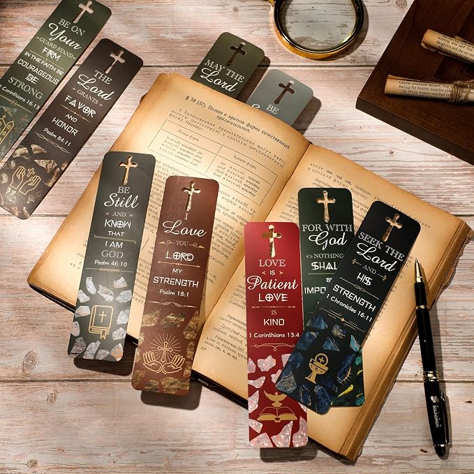 Epakh 120 Pieces Bible Verses Bookmarks with Hollow Cross Christian Gift for Church Inspirational Religious Bookmarks Gifts Reading Reward Scripture, 30 Style(Marble Style)