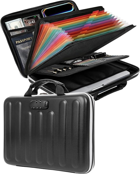 DOZAWA Fireproof Document Box, Hard Case Document Organizer with Lock, 13 Pockets Accordion File Folder with Reflective Strip, Waterproof Safe Box for Important Documents & Valuables Storage, Black