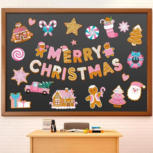 Kosiz 54 Pcs Christmas Bulletin Board Set Pink Gingerbread Man Cut-Outs Merry Christmas Bulletin Board Decoration Set Pink Gingerbread House Cutouts for Xmas Holiday Party School Home Wall Door Decor