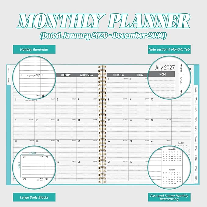 2026-2030 Monthly Planner 5 Year Monthly Planner/Calendar 2026-2030, Jan 2026 – Dec 2030, 9" x 11", Tabs, Double-Side Pocket, Holidays, Thick Paper - Blue