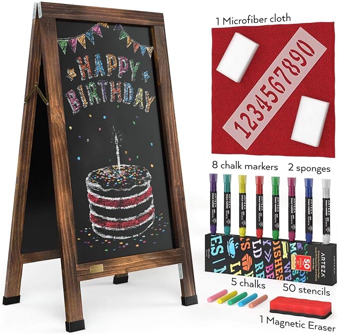 Arteza 40x20 Inch A-Frame Chalkboard Easel Set, Outdoor Chalkboard Sign with Chalk Sticks, Chalk Markers, Erasers, and Stencils, Standing Sign, Office Supplies for Businesses, Announcements & Events