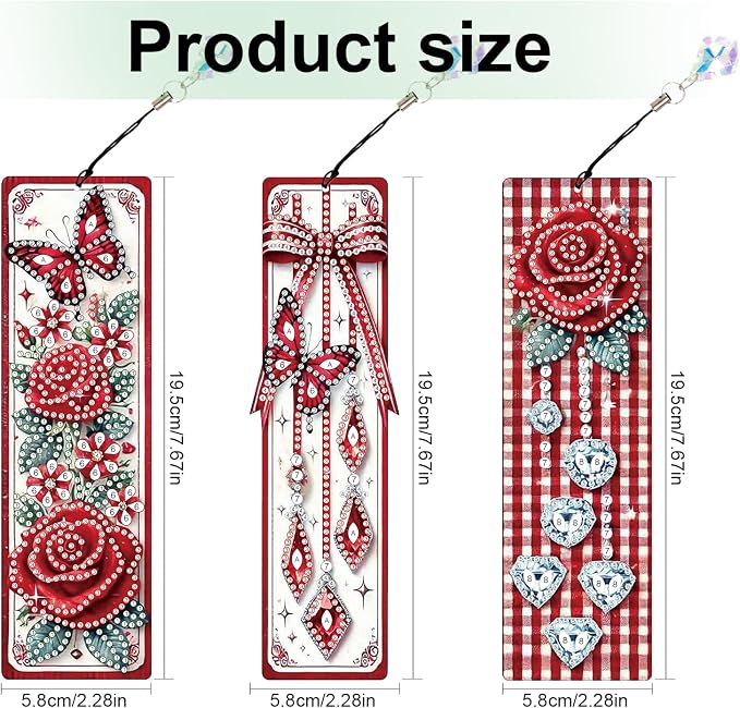 Tontut 3pcs Diamond Art Painting Kit Bookmark, Bow Rose Exquisite General DIY Bookmark, Lightweight and Durable, Suitable for Reading Lovers