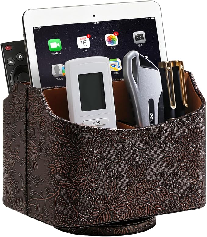 PU Leather Remote Control Holder, 360 Degree Rotating Desk Organizer Luxury Desktop Storage Rack, Rotating Bedside Storage Box for Desktop Office Living Room Bedroom (Brown Grape Pattern)