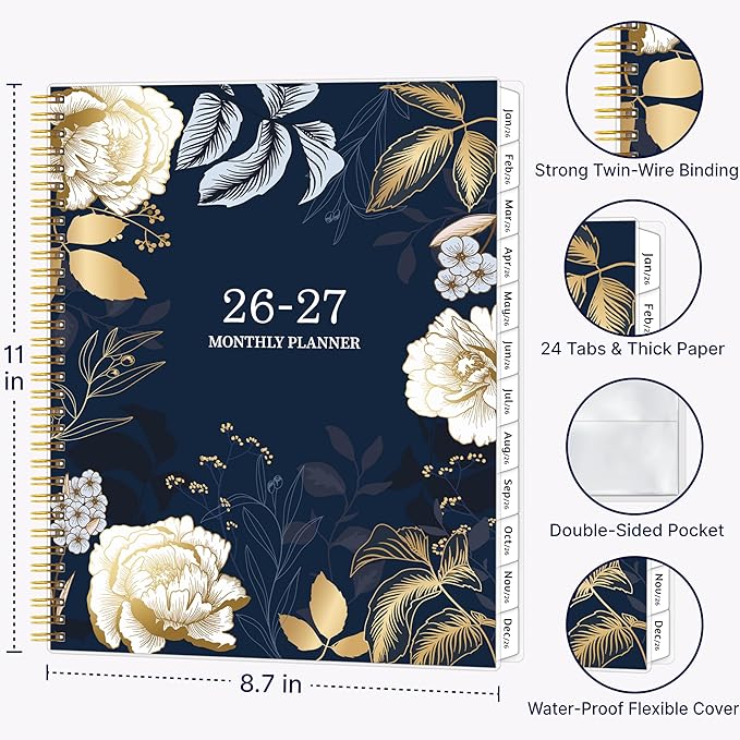 2026-2027 Monthly Planner, 2 Year Calendar Planner, Jan 2026 - Dec 2027, 8.5’’ x 11’’, Large Spiral Agenda, 24 Months, with Tabs ＆Pocket, Flexible Cover, Organizer for Office Home School, Gold