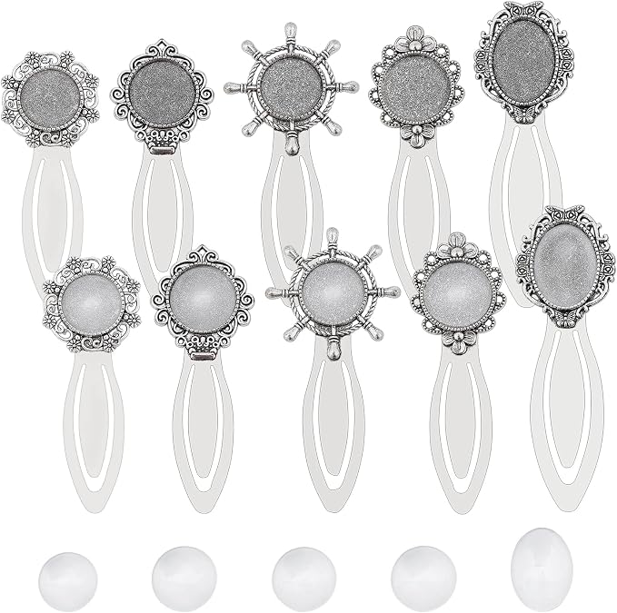 NBEADS 20 Pcs 10 Sets Bookmark Makings Sets, 10 PCS Tibetan Style Bookmark Cabochon Trays and 10 PCS Transparent Glass Dome Cabochons for DIY Bookmark Making, Antique Silver