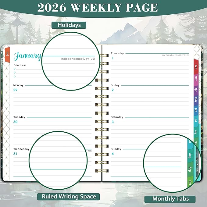 2026 Planner - 2026 Planner Weekly and Monthly, Jan 2026 - Dec 2026, 6.3” x 8.4”, 2026 Calendar Planner, Twin-Wire Binding, Inner Pocket, Colorful Monthly Tabs, Elastic Closure, Contacts, Holidays
