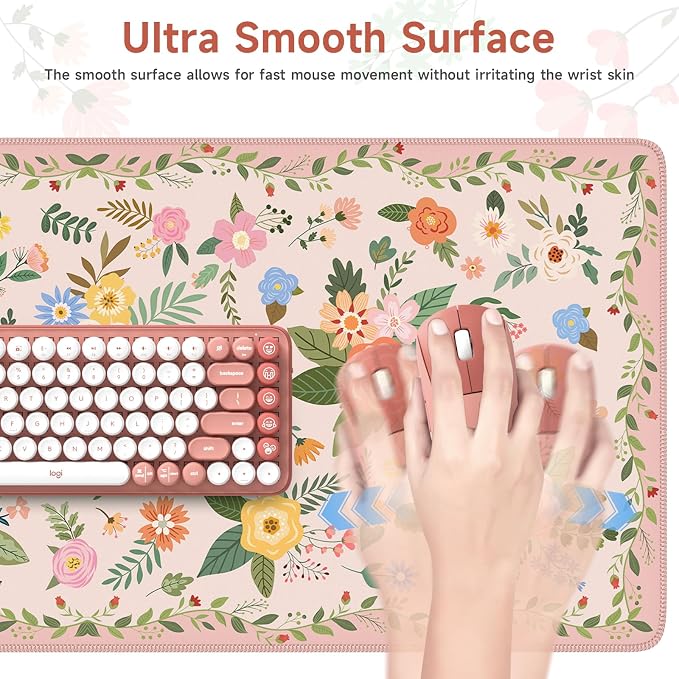 HAOCOO Large Pink Mouse Pad, Waterproof Cute Keyboard Mat, Non-Slip Desk Mat for Cubicle, 35.4" x 15.7" Desktop Mat with Stitched Edges, Girly Desk Organizers & Accessories for Women