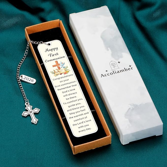 First Communion Gifts for Girls Boys 1st Communion Gifts for Catholic Goddaughter Godson Kids Teens Holy Communion Bookmark with Cross Charm Easter Basket Stuffers Baptism Confirmation Party Favors