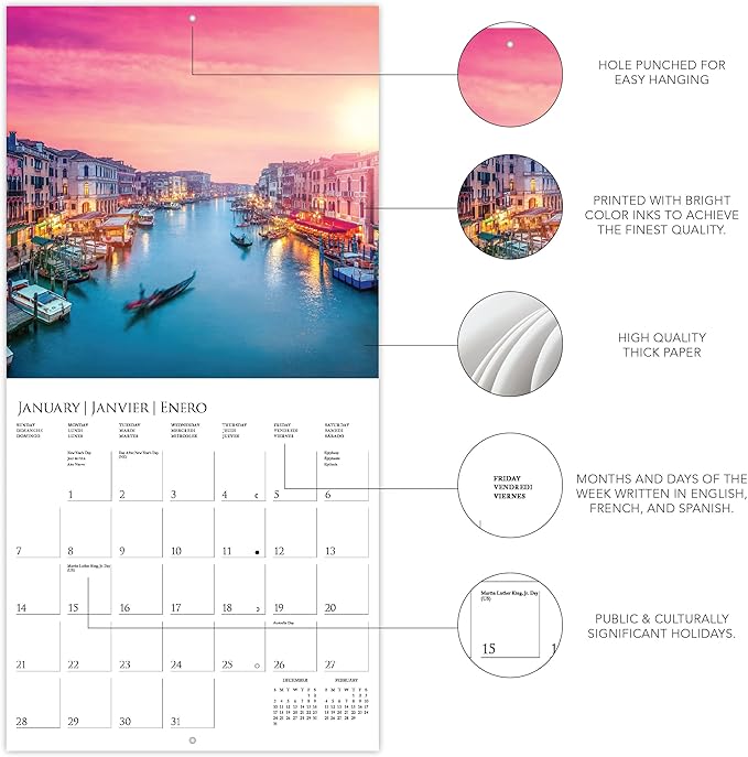 Graphique 2024 Italia Wall Calendar | 12” x 12” | Thick Paper | Home & Office Organizer | Large Monthly Grid | 3 Languages & Marked Holidays | 4 Month Preview Page for 2025